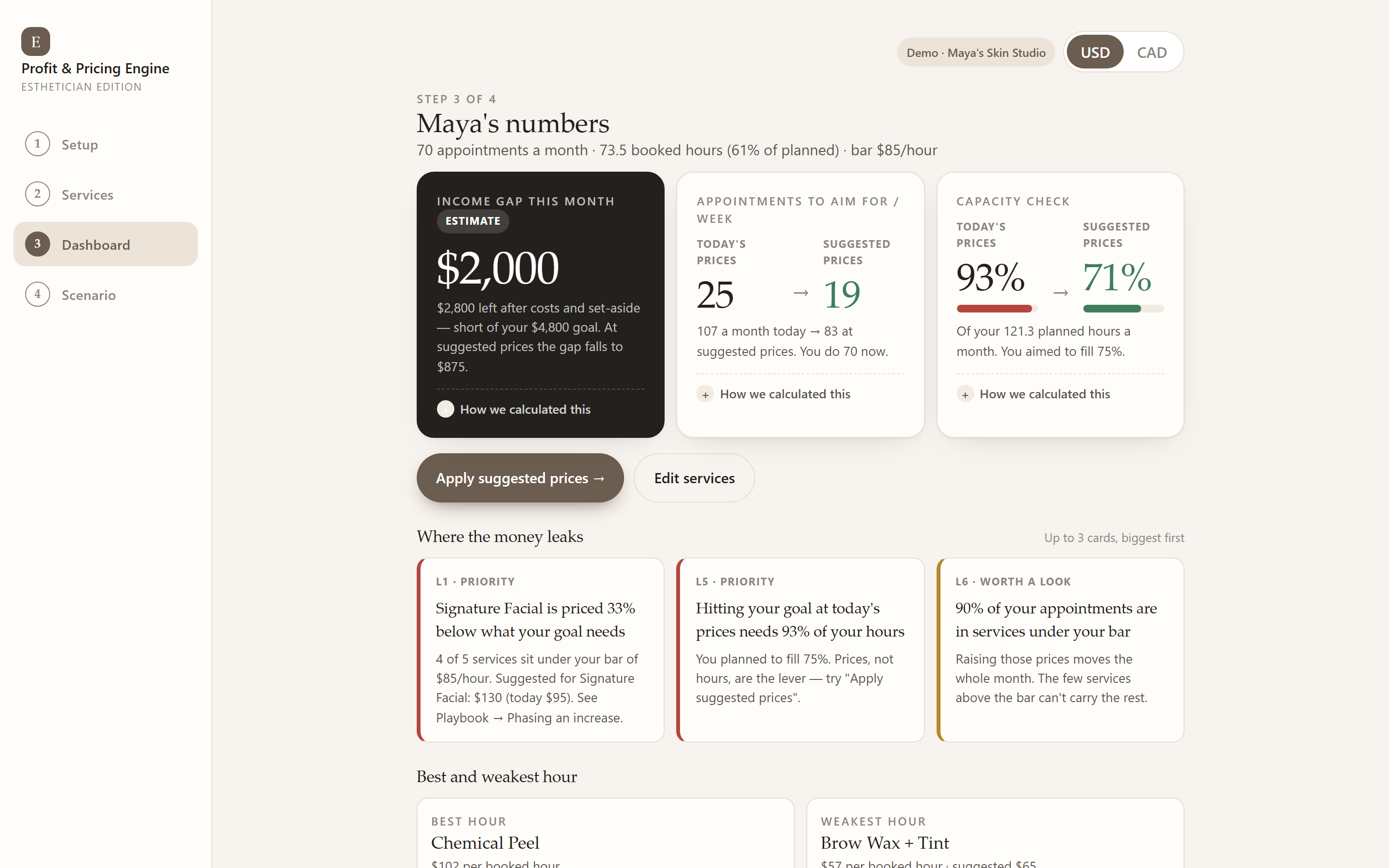 The Steadyhour dashboard showing the demo studio’s numbers.